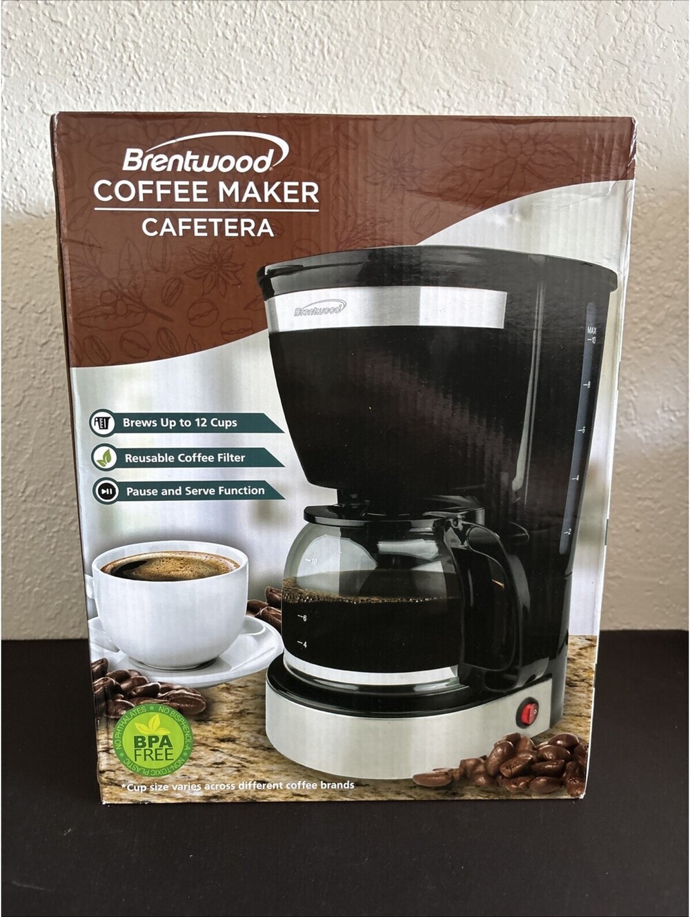Brentwood TS-215BK 12-Cup Drip Coffee Maker Black Glass Carafe New in Box